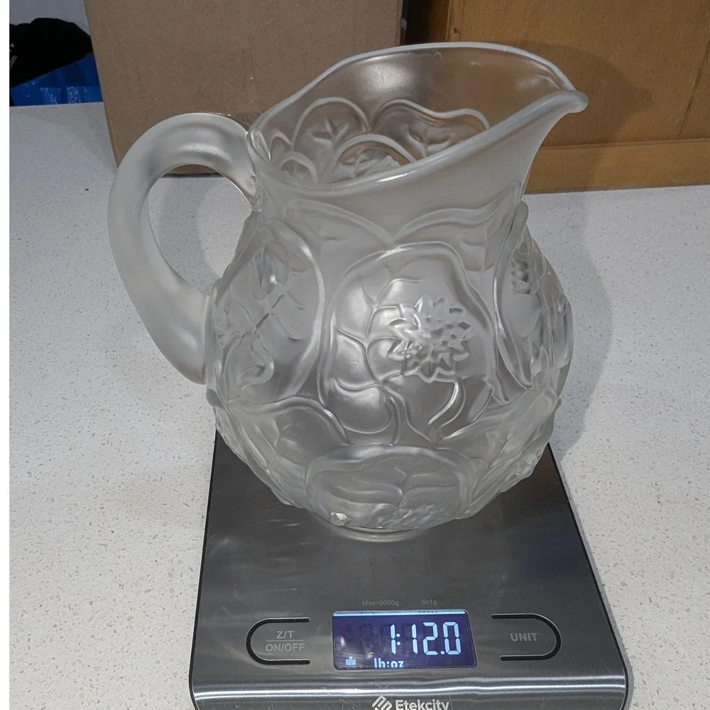 Vintage Frosted Glass Pitcher Floral Embossed Satin Glass Relief Design